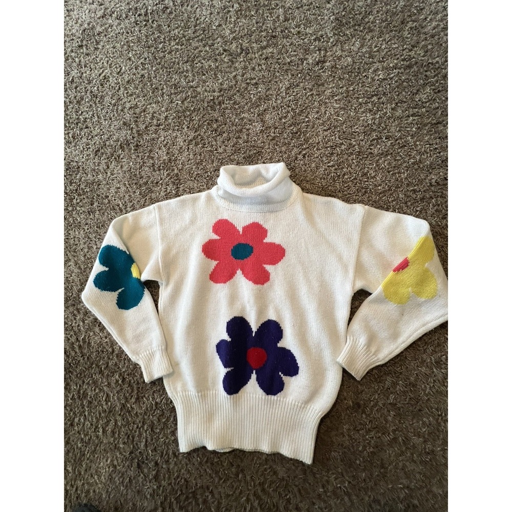 Vintage EIR Women's White Floral Sweater Size 12 Bright Colors Mock Neck